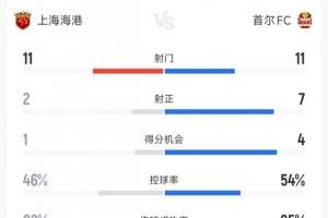 上海海港vs首尔FC全场数据：射门比11-11 射正比2-7